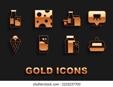 Set Glass with milk, Udder, Butter in butter dish, Paper package for kefir, Ice cream waffle cone, Milk product, Bottle and glass and Cheese icon. Vector