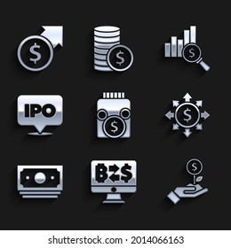 Set Glass money jar with coin, Cryptocurrency exchange, Dollar plant, Dollar, share, network, Stacks paper cash, IPO, Pie chart and dollar and Financial growth icon. Vector