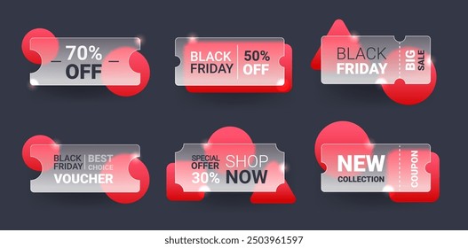 Set of glass morphism Black Friday discount tickets and vouchers on dark background. Vector sale badge template