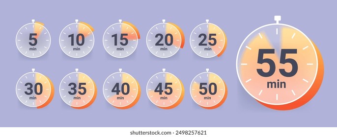 Set of glass morphism clock icon with different time. Timer vector collection