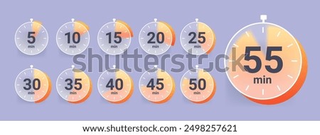 Set of glass morphism clock icon with different time. Timer vector collection