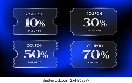 Set of glass morphism coupon with percent price off, coupon code, isolated on gradient background. Transparent gift voucher mockup template. Coupon set vector