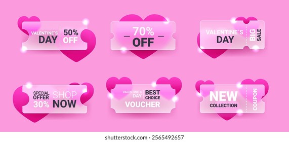 Set of glass morphism Valentine’s Day discount tickets and vouchers on pink background. Vector love sale badge template