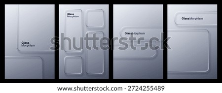 Set of glass morphism elements with frosted rectangle panels. Modern liquid glass style mockups. Abstract background for user interface design.