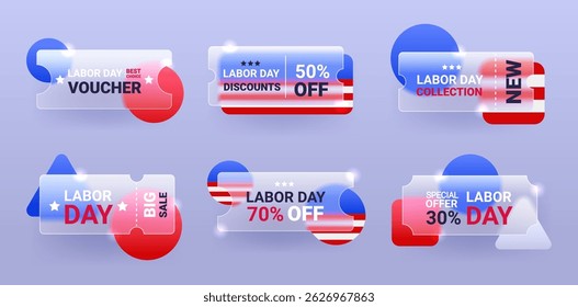 Set of glass morphism Labor Day discount tickets and vouchers. Vector national holiday sale badge template