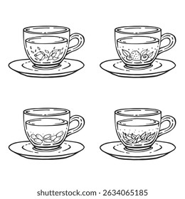 Set glass mugs of tea and saucer. Medicinal tea. Hand drawn vector illustration.