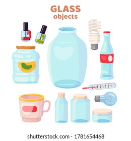 Set with glass objects. Jars, cup, bottle, light bulb, thermometr, expired nail polish. Vector cartoon flat illustration isolated on white background.