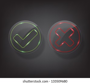 Set of glass ok and cancel buttons / icons with shiny neon lights, can be used for websites (UI) or applications (app) for smartphones or tablets. Glossy style