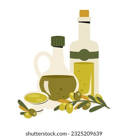 Set of glass olive oil bottles. Pitcher and corked bottle of extra virgin olive oil, bowl, branch of olive trees, leaves. Kitchenware, cooking concept. Healthy organic food. Vector flat illustration