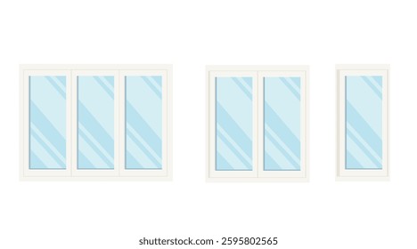 Set of glass panels and window panes in different configurations. Metal and plastic frames. Modern style. Vector illustration isolated on white.