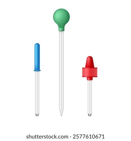 Set of glass pipettes or laboratory droppers with colorful rubber bulbs and plastic caps realistic 3d vector isolated on white background, medical and scientific tools for liquid handling.