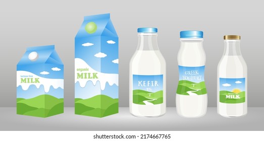 Set of glass and plastic bottles, cardboard boxes and packaging for milk, yogurt and dairy products with natural landscape label on grey banner background