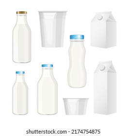 Set of glass and plastic bottles, cardboard boxes, jars and packaging for milk, yogurt, sour cream and dairy products grey color without label on white square background