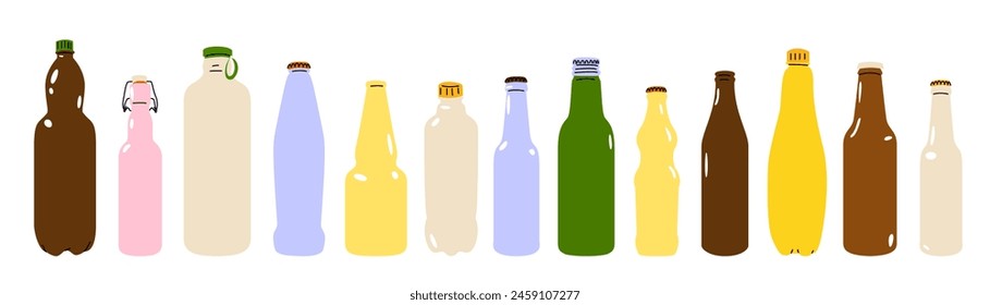 Set of glass and plastic bottles for drinks. Carbonated water, juices, alcoholic drinks in glass and plastic bright packaging. Refreshing drinks for a party. Vector illustration 
