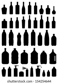 set of glass, plastic and cosmetic bottle on white background