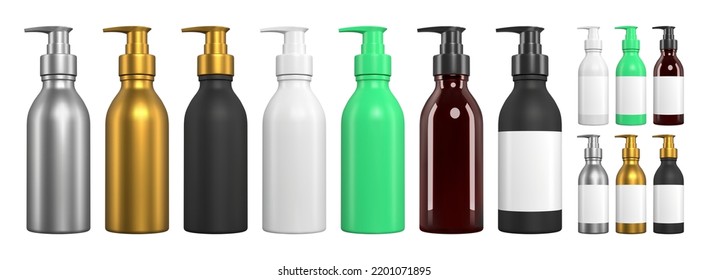 Conjunto de botellas cosméticas de vidrio, plástico y metal con una tapa y etiqueta de la bomba. Parodia vectorial realista del gel de ducha o jabón líquido