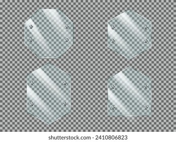 Set of glass or plastic plate with metal mounts. Realistic vector illustration isolated on transparent background.