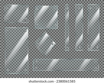 Set of glass or plastic rectangle plate with metal mounts. Realistic vector illustration isolated on transparent background.