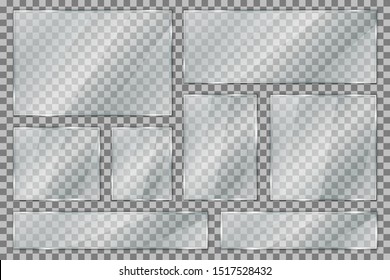 Set glass plate on transparent background, clear glass showcase, realistic window mockup, acrylic and glass texture with glares and light, realistic transparent glass window in rectangle frame