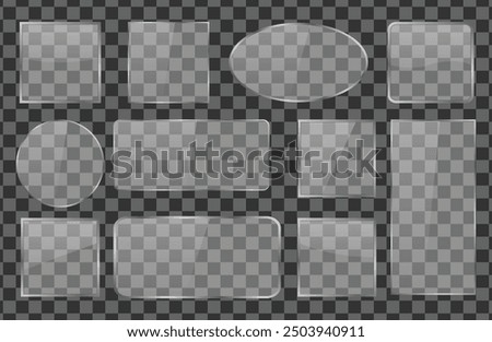 Set glass plate on transparent background, clear glass showcase, realistic transparent window mockup in rectangle frame, glass texture with glares and light