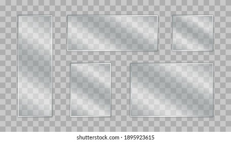 Set of glass plate. Realistic glass banners on transparent background. Transparent glass window.