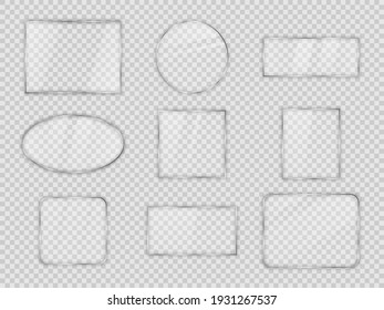 Set of glass plates in differents geometric forms on transparent background. Vector illustration.