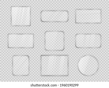 Set of glass plates in differents geometric forms on transparent background. Vector illustration.