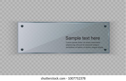 A set of glass plates. Vector glass banners on a transparent background. Transparency for the glass. For advertising panels with metal accessories. Beautiful banners with an inscription.
