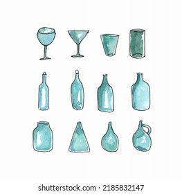 Set of glass pots, bottles, jars. Watercolor illustration of glass bottles. Set of abstract doodle glass bottles. The elements are isolated.