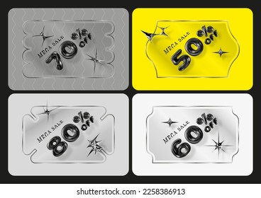 Set of glass price tags with volumetric figures. Sticker shape with transparent effect. Promotion with discount coupon. Modern shape and design