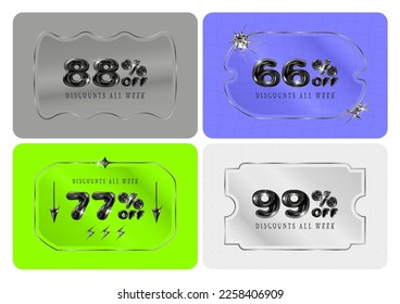 Set of glass price tags with volumetric figures. Sticker shape with transparent effect. Promotion with discount coupon. Modern shape and design