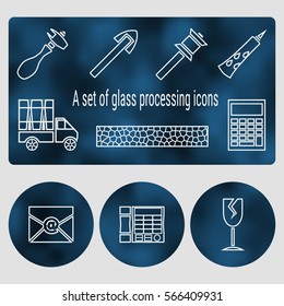 A set of glass processing contour icons. The cost of glass, glass bonding, transporting and contacts