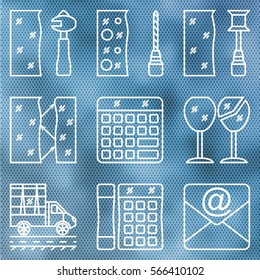 A set of glass processing contour icons on the background of corrugated glass. The cost of glass, glass bonding, transporting and contacts