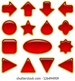 Set of glass red buttons, computer icons of different forms for web design, isolated on white background. Vector eps10, contains transparencies