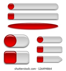 Set of glass red buttons sliders, computer icons of different forms for web design, isolated on white background. Vector eps10, contains transparencies