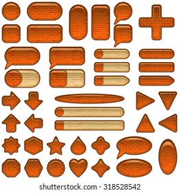 Set Glass Red and Orange Buttons and Sliders with Brick Texture and Dark Frames, Computer Icons Different Forms for Web Design on White Background. Eps10, Contains Transparencies. Vector