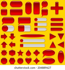 Set of glass red and white buttons and sliders, computer icons of different forms for web design on yellow background. Eps10, contains transparencies. Vector
