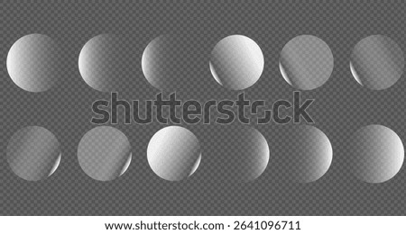 Set of glass round transparent plates. Circular shaped lens . Transparent glossy disk, icon, lens, crystal element made of glass material. Vector realistic illustration.PNG