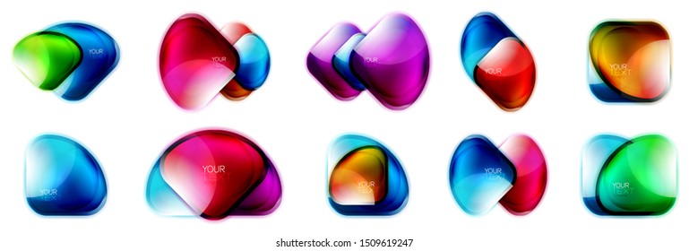 Juego de banners triangulares redondos de vidrio, modernas y lujosas cajas de tela futurista, aisladas en blanco. Modelos de iconos de logotipo de marca de negocios brillantes para vectores. Arte geométrico