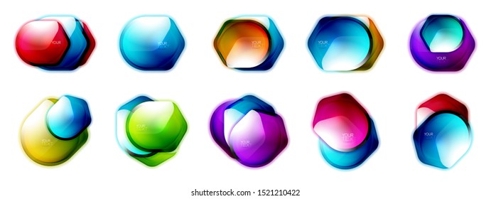 Set of glass safety, protection icons or banners for text. Shield badge backgrounds, color trasparent effect banners. Vector art of glossy arrow abstract icons with place for text