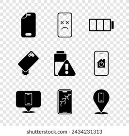 Set Glass screen protector, Dead mobile, Battery, Phone repair service, Mobile with broken, Shockproof phone and Smartphone battery charge icon. Vector