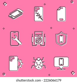 Set Glass screen protector, Mobile with broken, service, Multimeter, shield, Phone repair and System bug icon. Vector