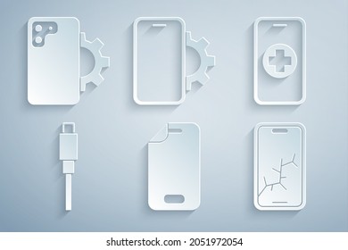Set Glass screen protector, Phone repair service, USB cable cord, Mobile with broken,  and  icon. Vector