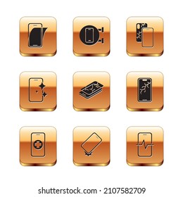 Establecer protector de pantalla de vidrio, servicio de reparación de teléfono, teléfono a prueba de golpes, móvil con rotos e icono. Vector