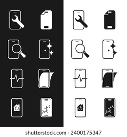 Establecer protector de pantalla de vidrio, servicio de reparación de teléfono, móvil, con icono de hogar roto e inteligente. Vector