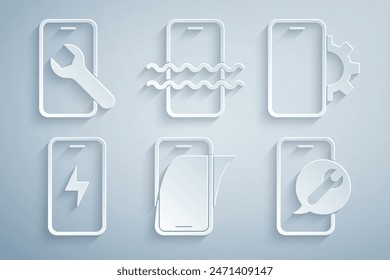 Set Protector de pantalla de cristal, servicio de reparación de teléfono, batería de carga móvil, teléfono impermeable e icono. Vector