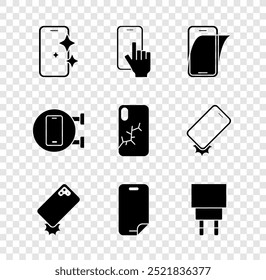 Set Glass screen protector, Phone repair service, Shockproof phone, Charger,  and Mobile with broken icon. Vector