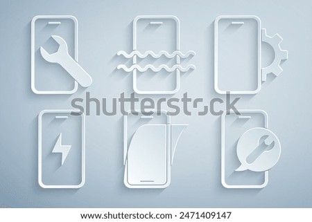 Set Glass screen protector, Phone repair service, Mobile charging battery, Waterproof phone and  icon. Vector