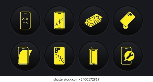 Establecer protector de pantalla de vidrio, teléfono a prueba de impactos, móvil con rotos, servicio e icono móvil muerto. Vector