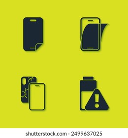 Set Glass screen protector, Smartphone battery charge, Mobile with broken and  icon. Vector